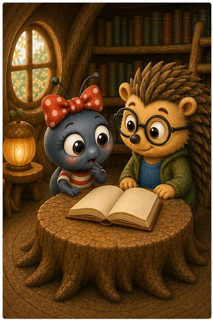 W Bibliotece Jana Fela zagląda do brązowej książki bez ilustracji na okrągłym pieńkowym stole, a Jan stoi obok; za nimi są kręte półki, książki, okno i żołędziowa lampa.